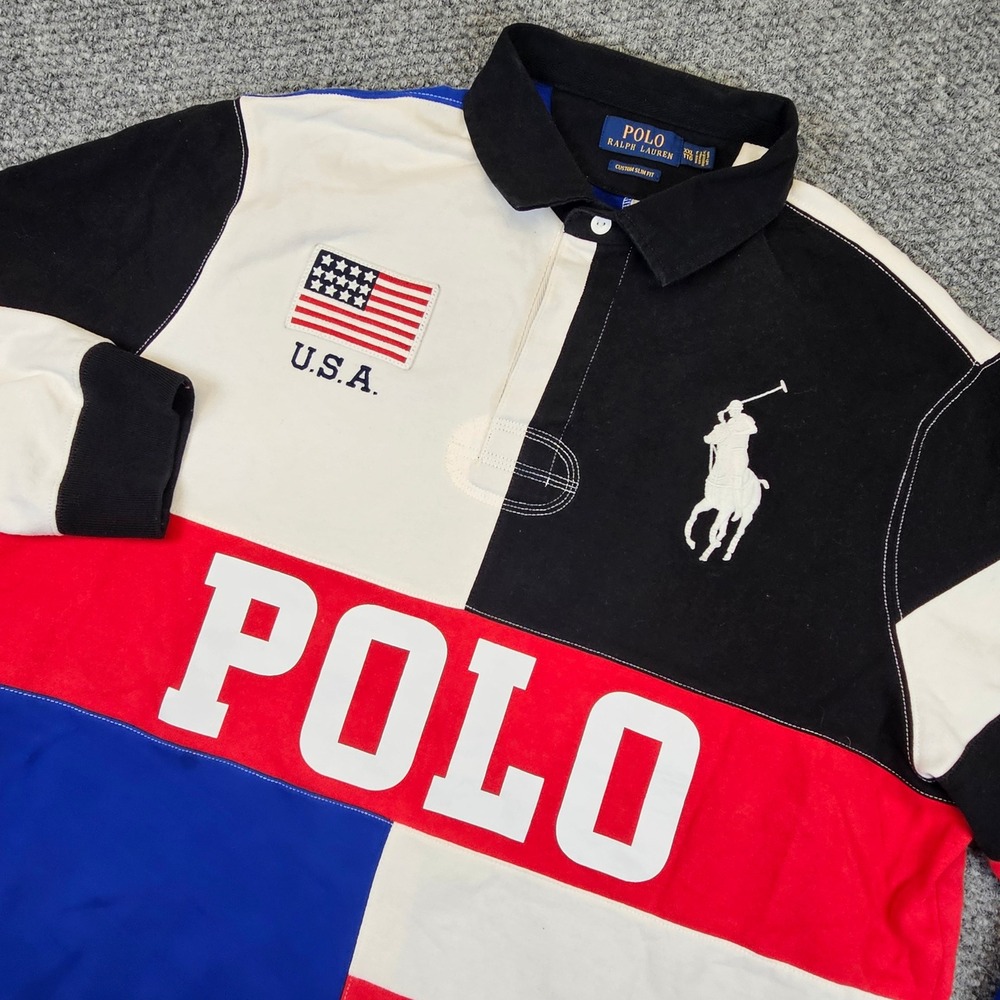 Polo Ralph Lauren Mens XXL Custom Slim Fit Rugby Shirt Colorblock Big Pony USA